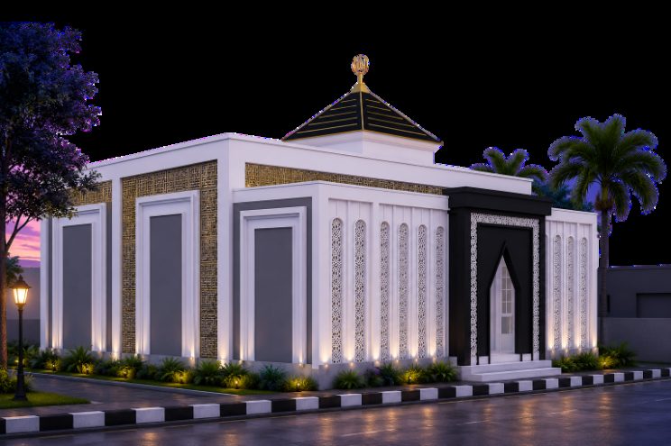 Tampak Samping & Menara — Susunan simetris arsitektur minimalis